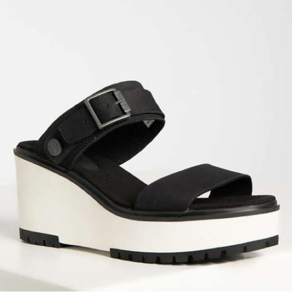 Timberland Koralyn Wedge Double Strap Sporty Buckle Sandal Black/White Size 10 - Picture 1 of 12